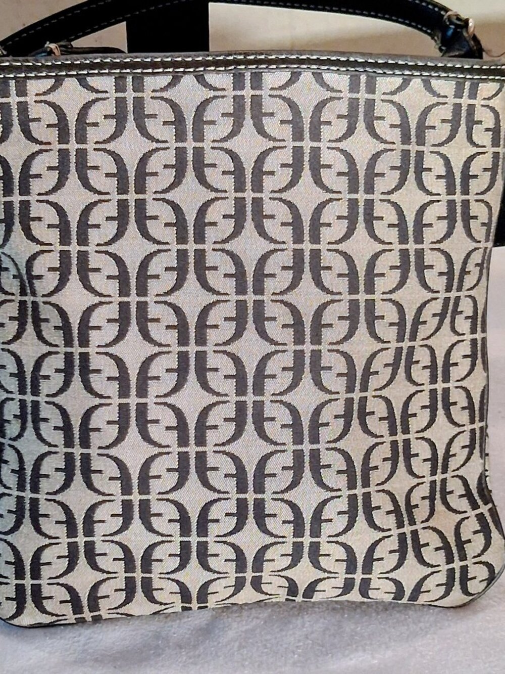 FOSSIL Monogram Canvas Crossbody Bag Tan Black F Logo Print Buckle Front Purse - Picture 8 of 12